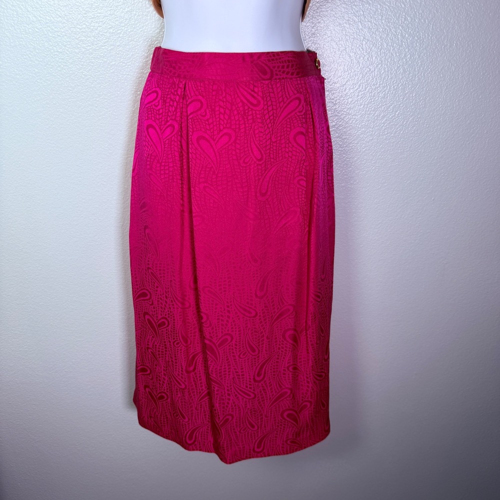Y2K Fuchsia Pink Paisley Jacquard Midi Skirt Side Zip Single Stitch 30 Waist